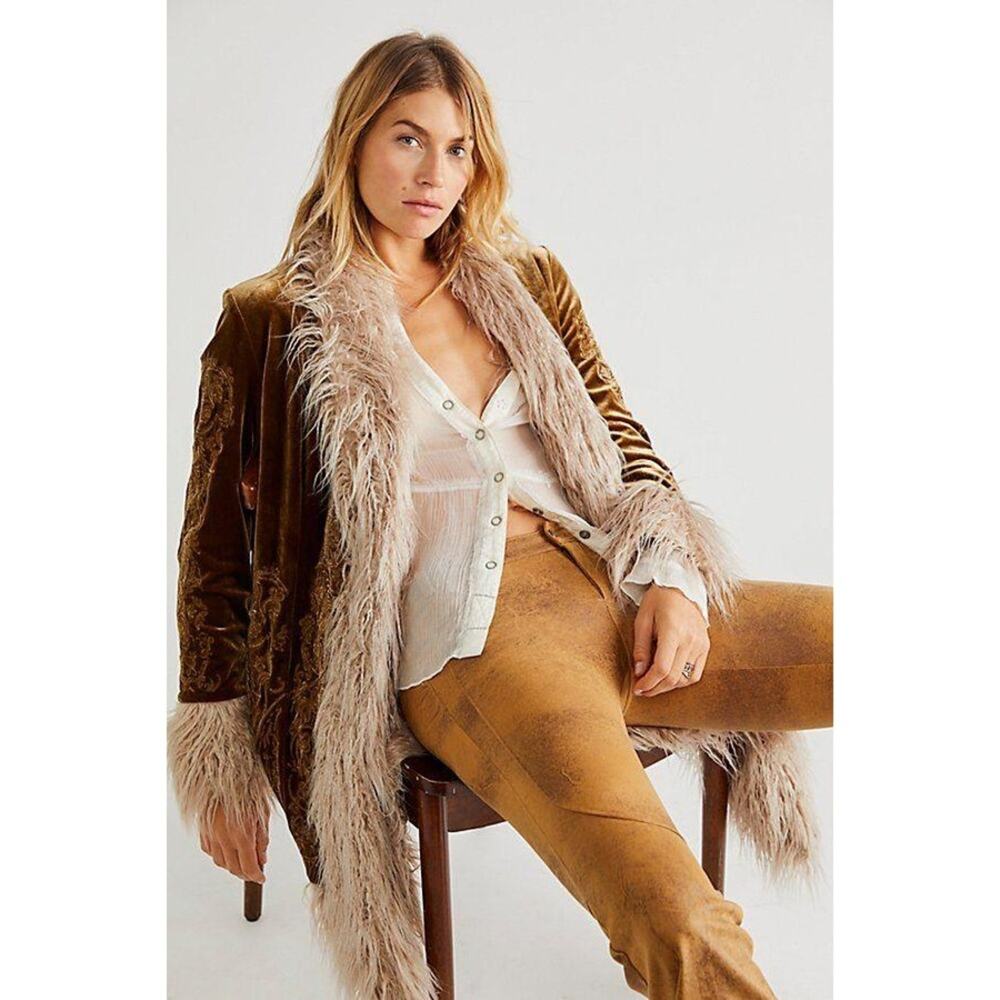 Understated Leather x Free People Moon Glow Faux Fur Duster Coat Gold XL - Picture 1 of 6